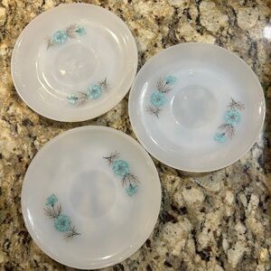 Three vintage Fire King saucers in Bonnie Blue pattern. ☕️☕️💙💙